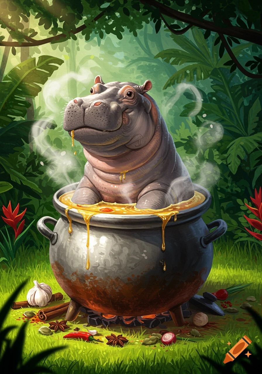 A cute cartoon baby hippo sits in a steaming cooking pot filled with golden liquid in a jungle setting with spices.