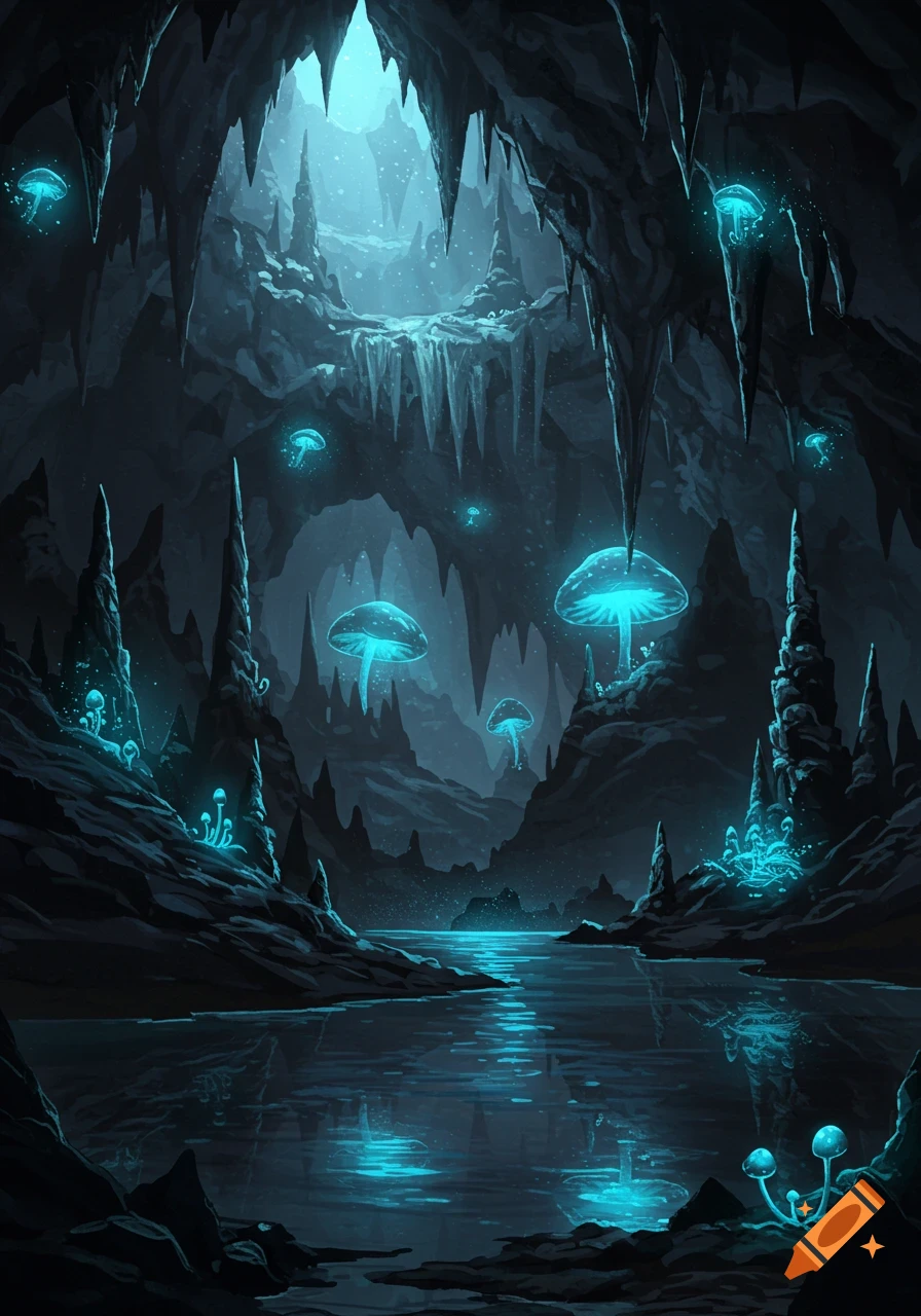 A dark fantasy cave with glowing blue mushrooms, stalactites, stalagmites, and a reflective water body.