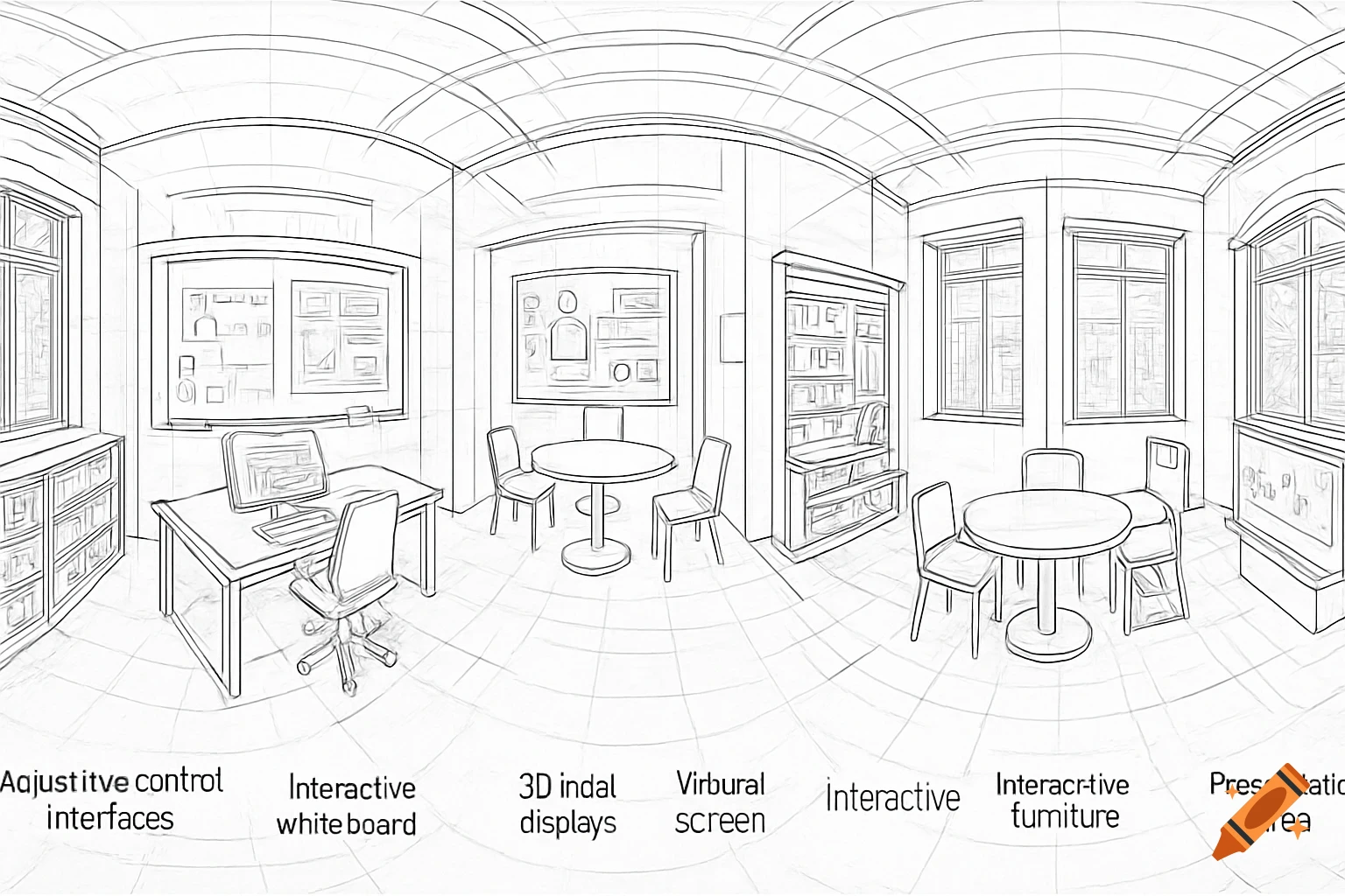 A black and white line drawing architectural sketch of a 360-degree modern interactive workspace with desks, chairs, tables, and labeled areas like "Interactive whiteboard" and "3D indal displays."