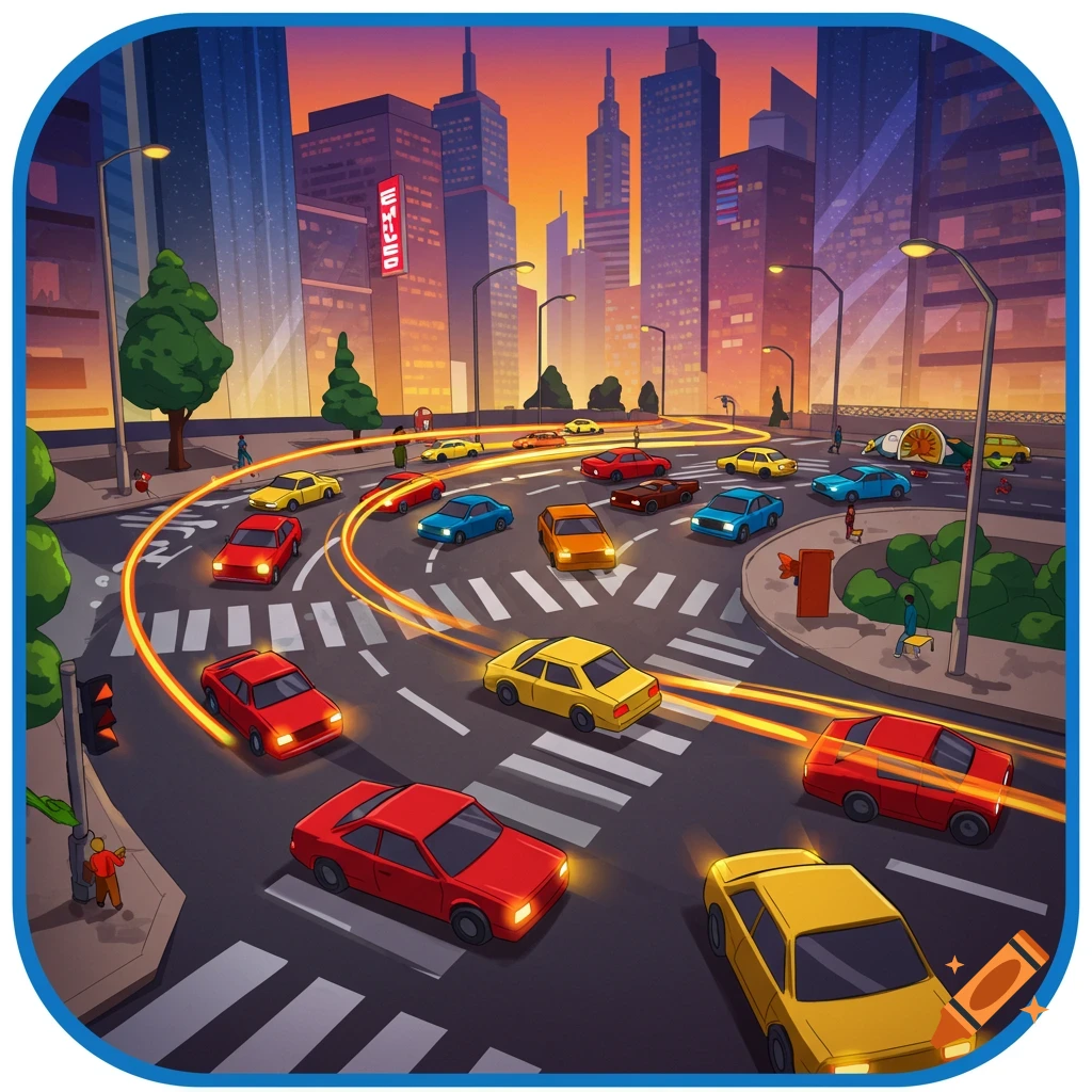 A vibrant cartoon illustration of a city at sunset with numerous cars on a busy, curving road, featuring glowing light trails.