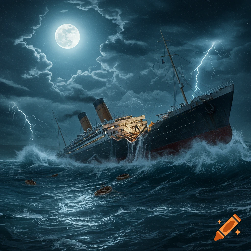 A large ship, resembling the Titanic, splits in two amidst a stormy ocean with lightning and a full moon.