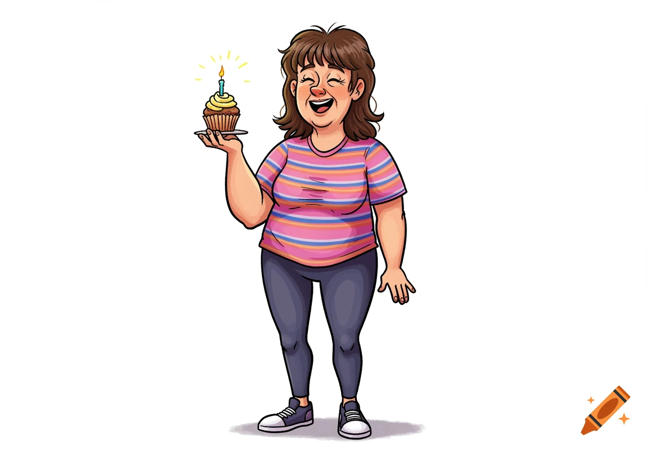 A smiling lady with brown hair, wearing a striped shirt and leggings, holds a cupcake with a lit candle, in a drawn illustration style.
