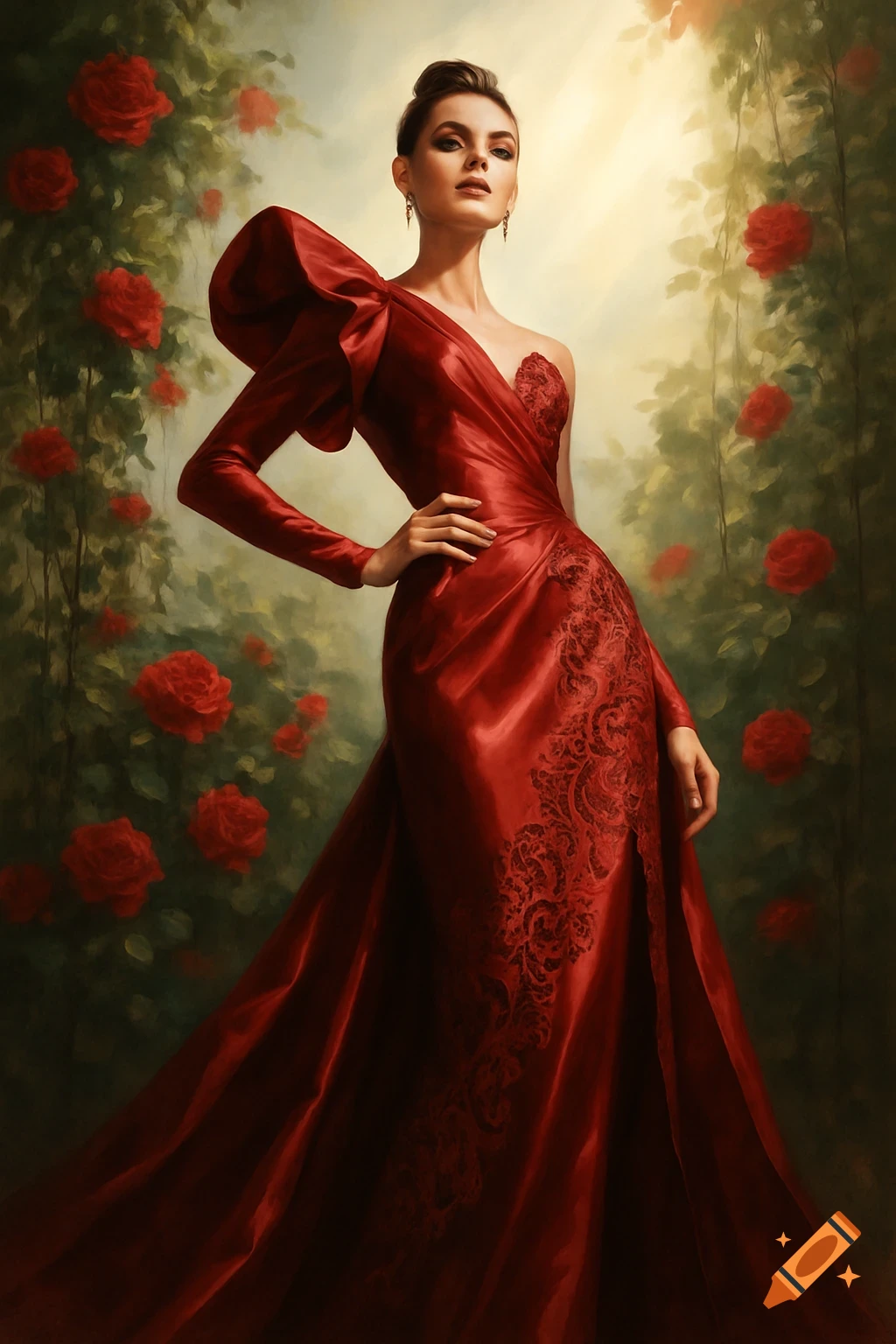 Elegant woman in a red satin gown with a large ruffled sleeve, standing among red roses in a painterly style.