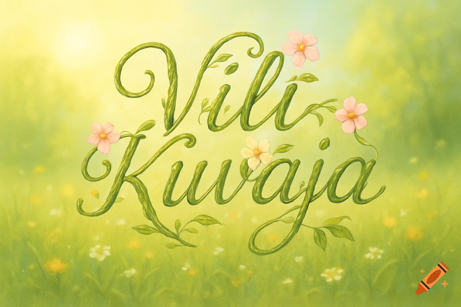Vine-like green text spelling "Vili Kuvaja" with flowers and leaves, set against a bright green and yellow floral background.