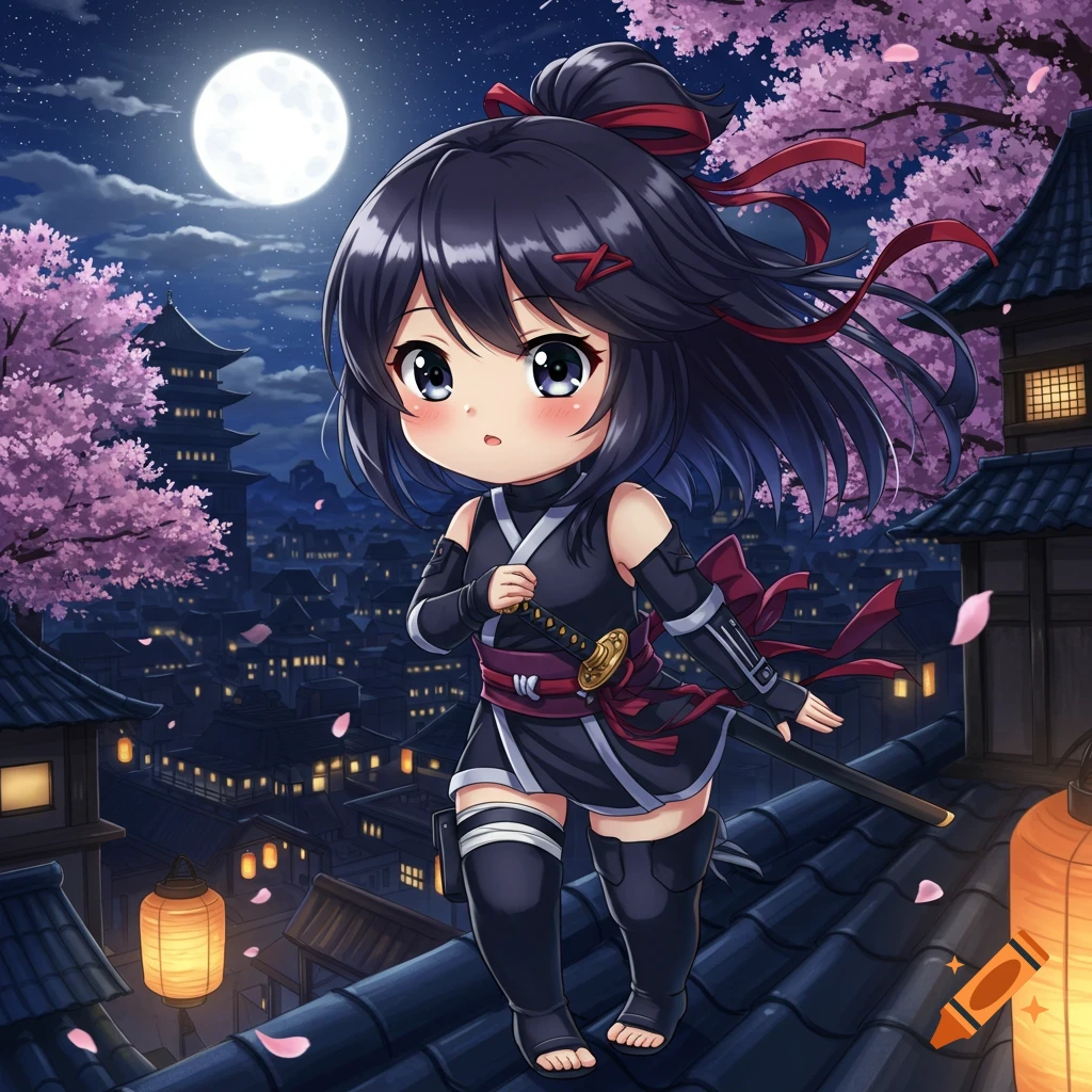 A cute chibi anime ninja girl with a sword on a rooftop at night, under a full moon with cherry blossoms.