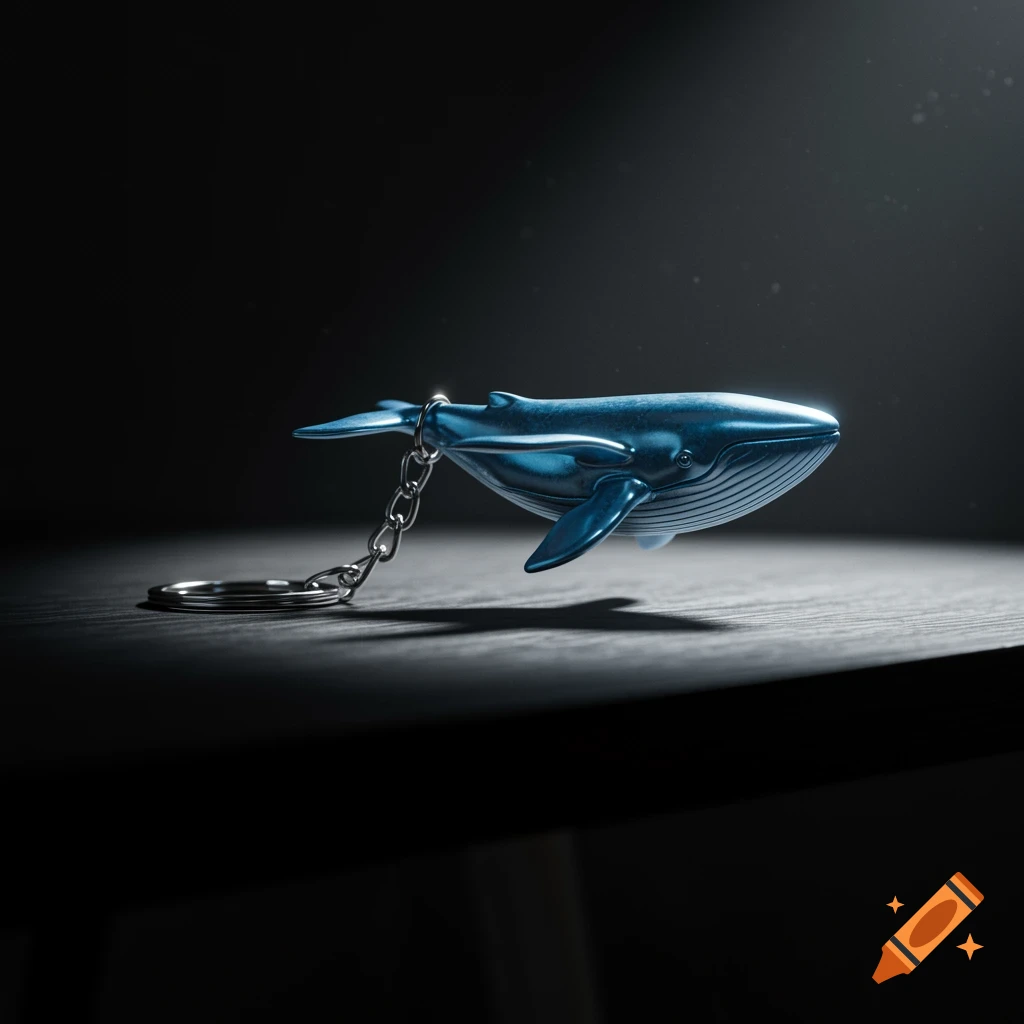A blue whale-shaped keychain lies on a dark wooden desk, illuminated by a spotlight.