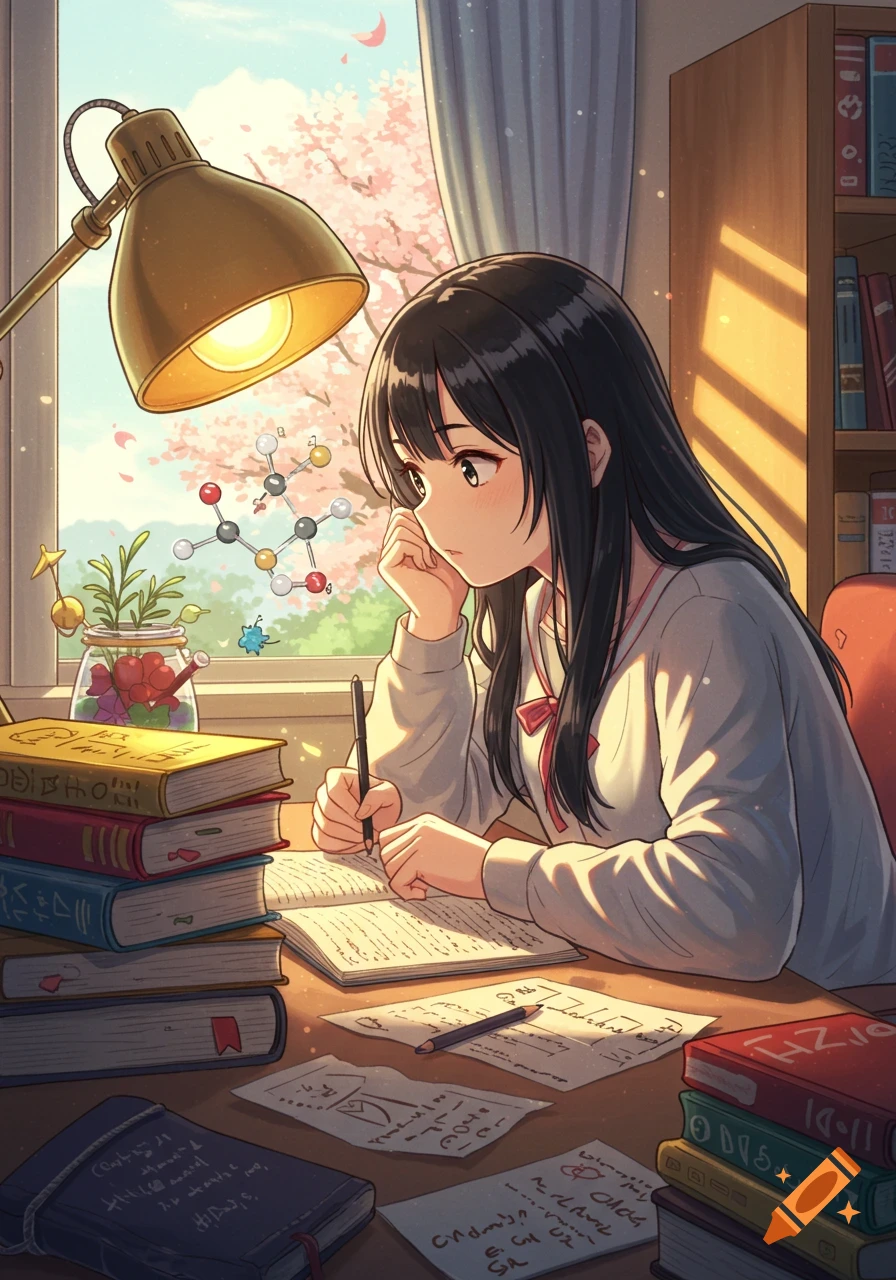 An anime-style image of a young woman with long dark hair studying at a desk filled with books and papers, with a lamp and window view of cherry blossoms.