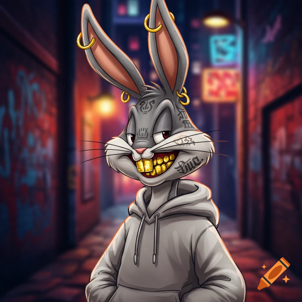 Stylized cartoon of Bugs Bunny with gold teeth, face tattoos, and gold hoop earrings, wearing a gray hoodie in a dimly lit alley with graffiti.