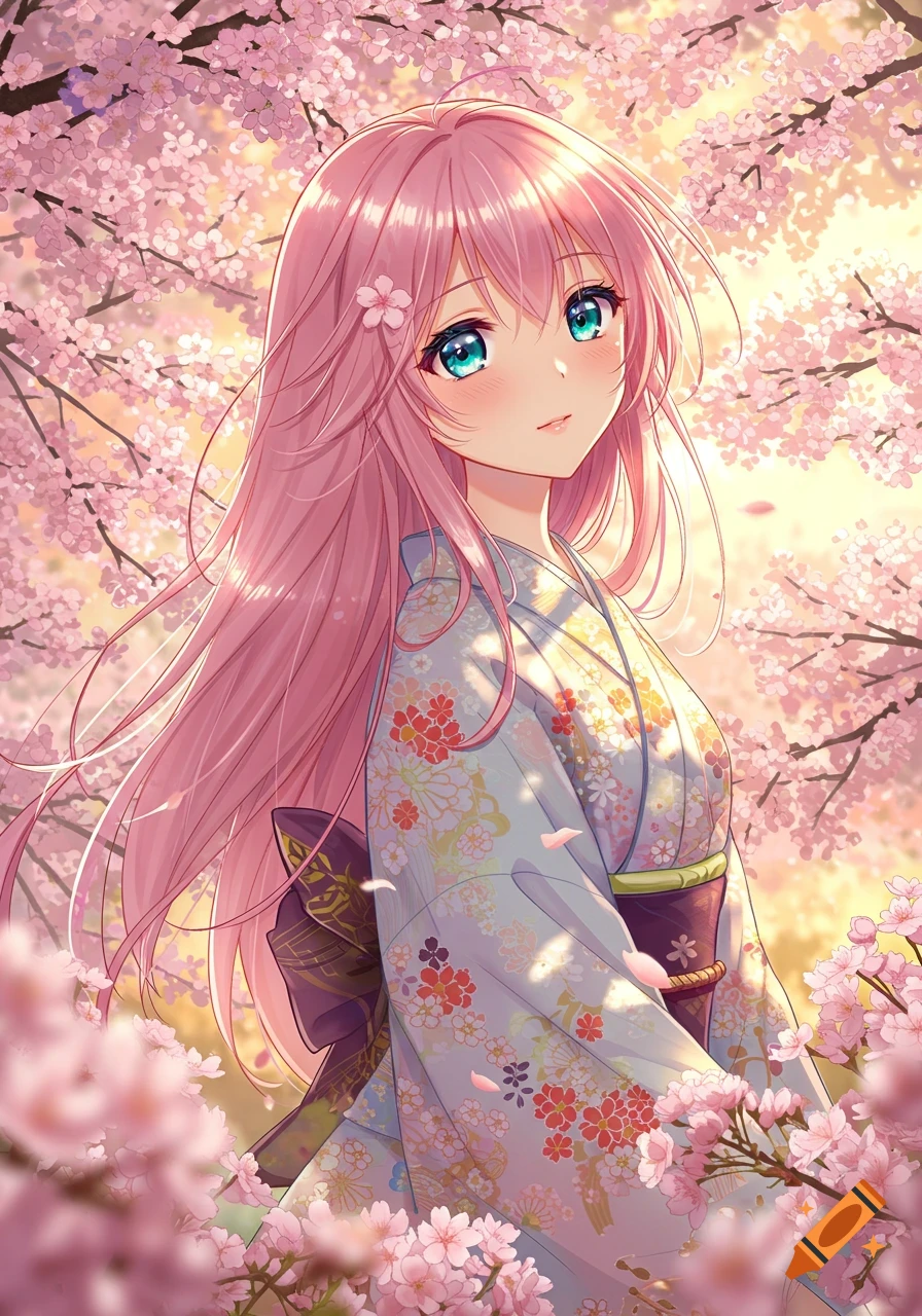 Anime girl with long pink hair, blue eyes, and floral kimono amidst pink cherry blossom trees in a bright, artistic style.