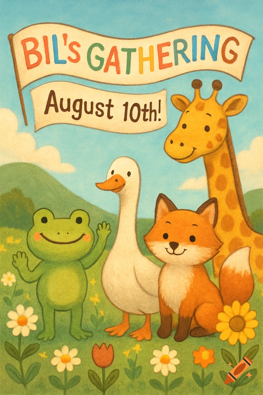 A colorful children's illustration of a frog, goose, fox, and giraffe in a field of flowers under banners reading 'BIL's GATHERING August 10th!'