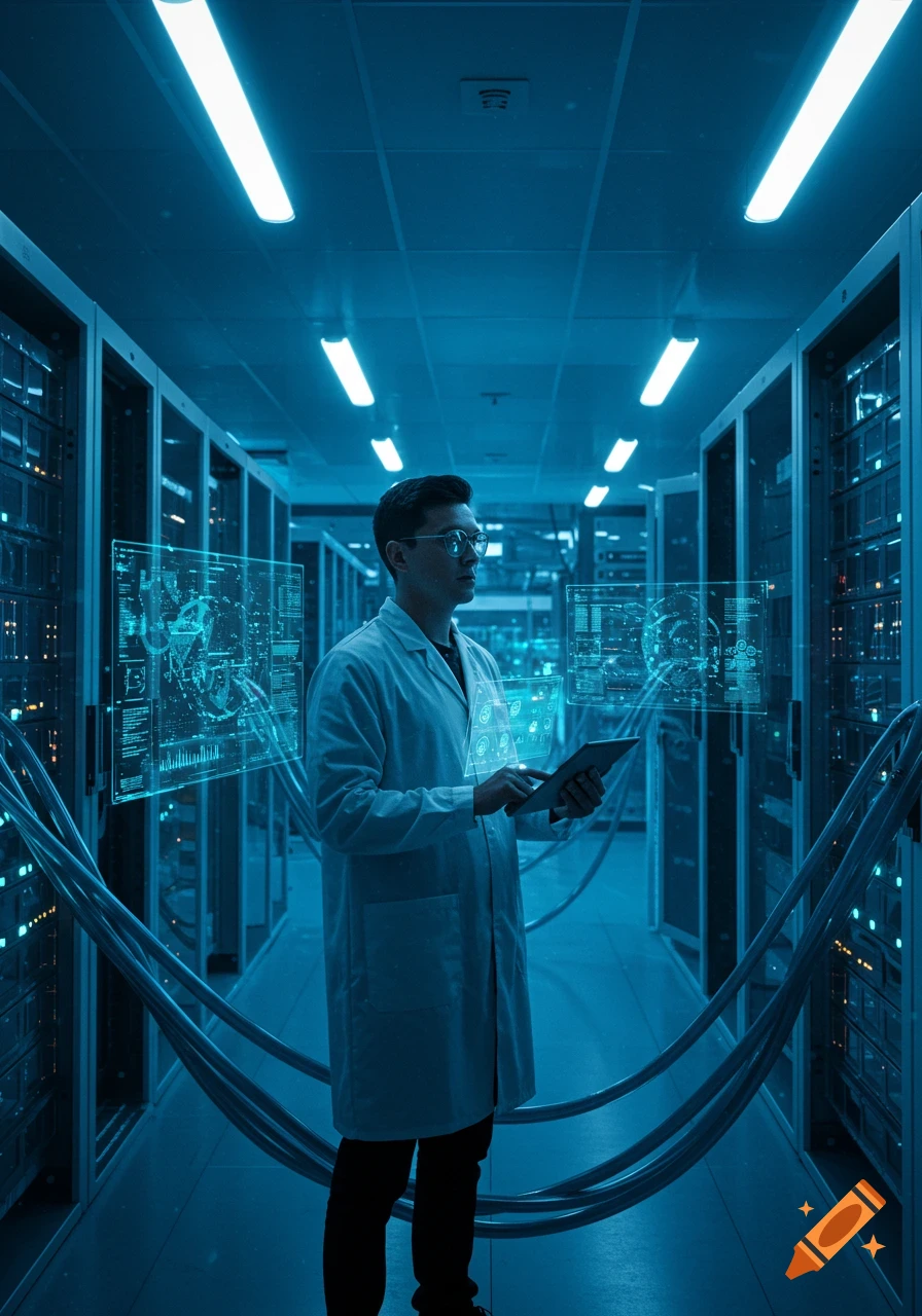A man in a lab coat, a computer scientist, stands in a blue-lit server room, looking at floating holographic data displays and holding a tablet.