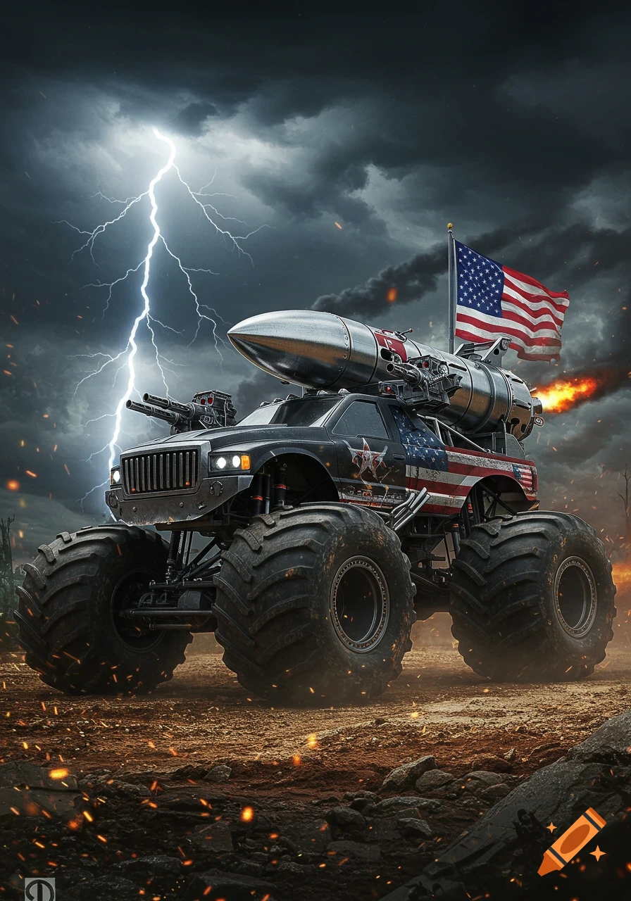 A doomsday monster truck with a massive rocket, two gatling guns, and an American flag under a stormy, lightning-filled sky.
