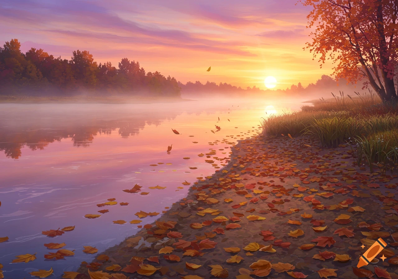 Autumn sunset over a misty river with vibrant orange and purple skies, fallen leaves line the shore and float on the water.