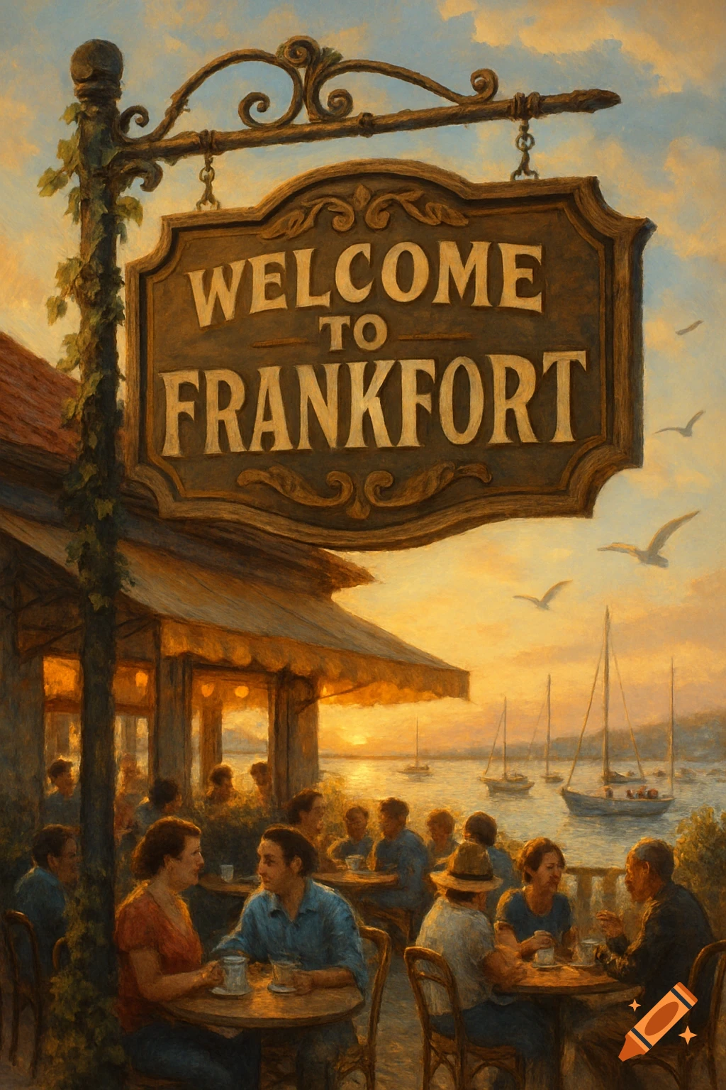 A painterly image of a "Welcome to Frankfort" sign above a bustling harborside cafe at sunset with boats in the water.