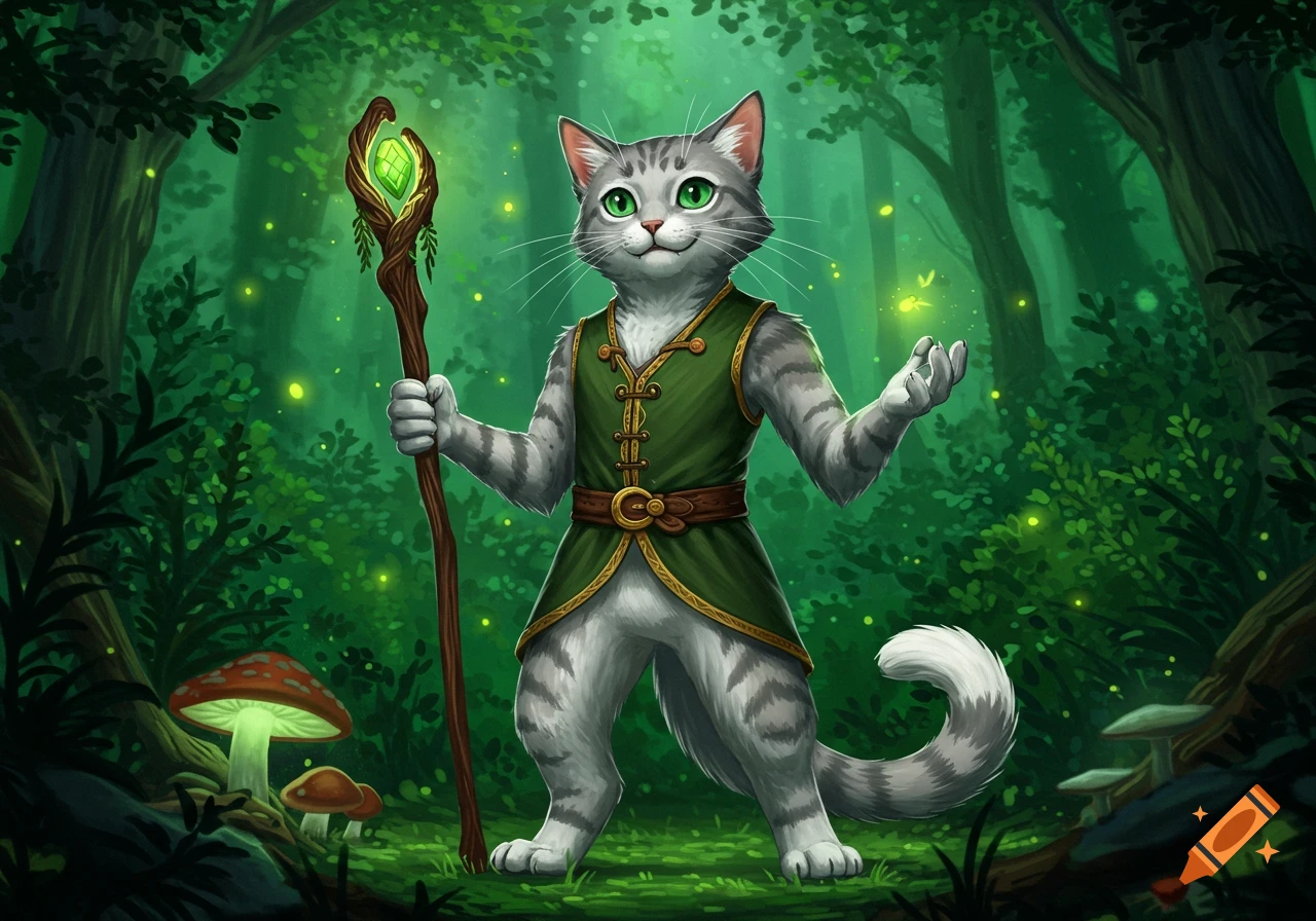 An anthropomorphic gray and white cat wizard stands in a magical green forest with a glowing staff and fireflies.