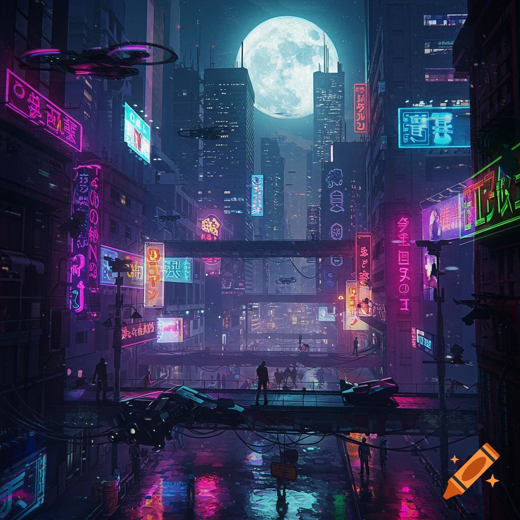 A vibrant cyberpunk city street at night, illuminated by neon signs and a huge full moon, with futuristic vehicles and silhouettes of people.