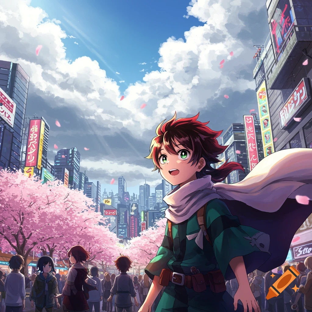 Anime character with red hair, green eyes looking up in a bustling city street with cherry blossoms under a blue sky.