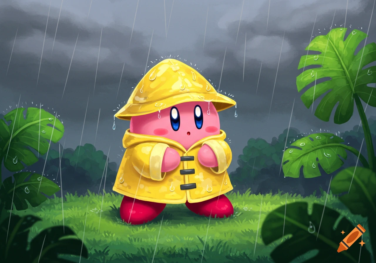 Kirby in a yellow raincoat stands in a grassy field with large green leaves, rain falling from a dark sky.