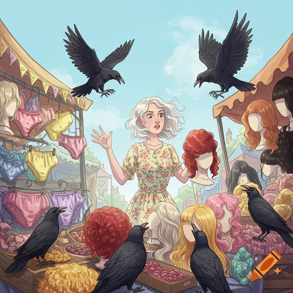 Illustration of a woman at a market stall selling knickers and wigs, looking surprised as black crows fly around and perch on her wares.