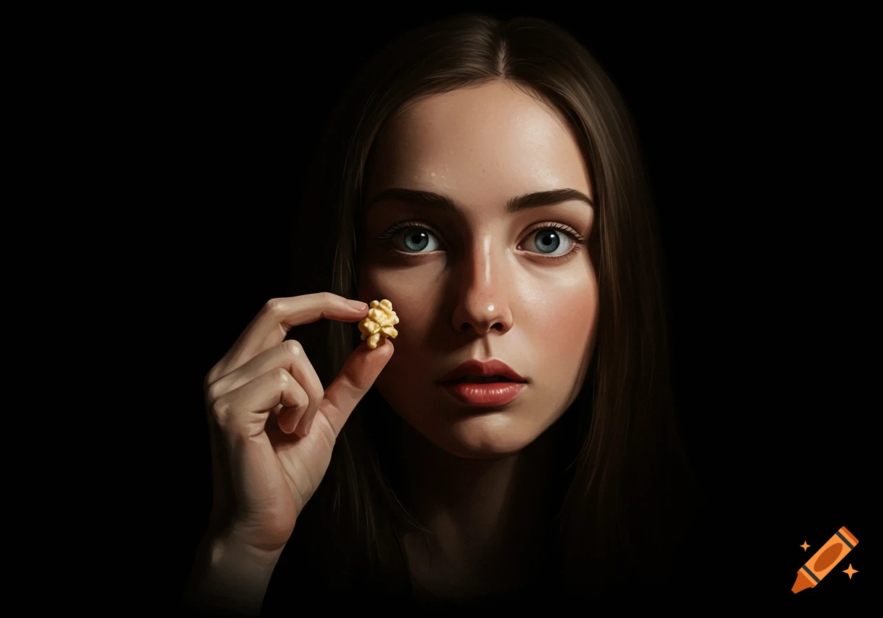 A young woman with blue eyes looks at a single popcorn kernel she holds up to her face against a dark background.