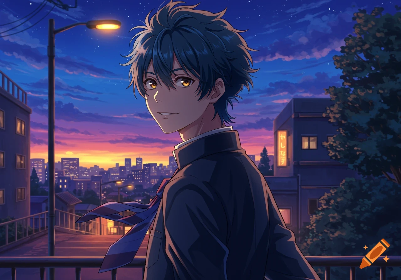 Anime boy looking back over his shoulder at a vibrant city skyline at sunset.
