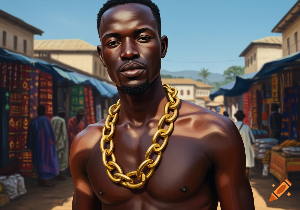 A dark-skinned man with a goatee and a large gold chain stands shirtless in a sunny market street, looking directly at the viewer.