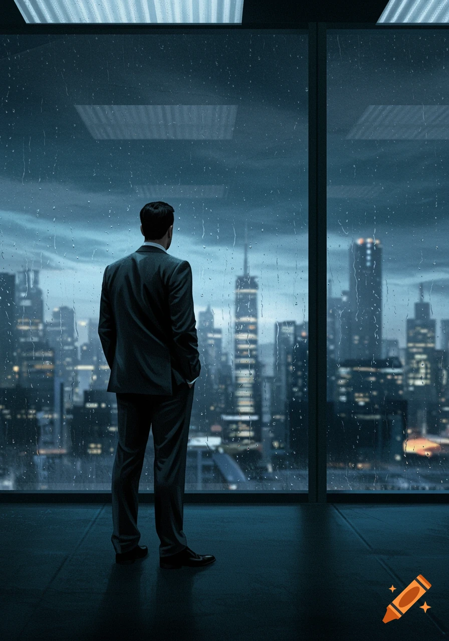 A man in a suit stands with his back to the viewer, looking out a rain-streaked window at a dark, glowing city skyline.
