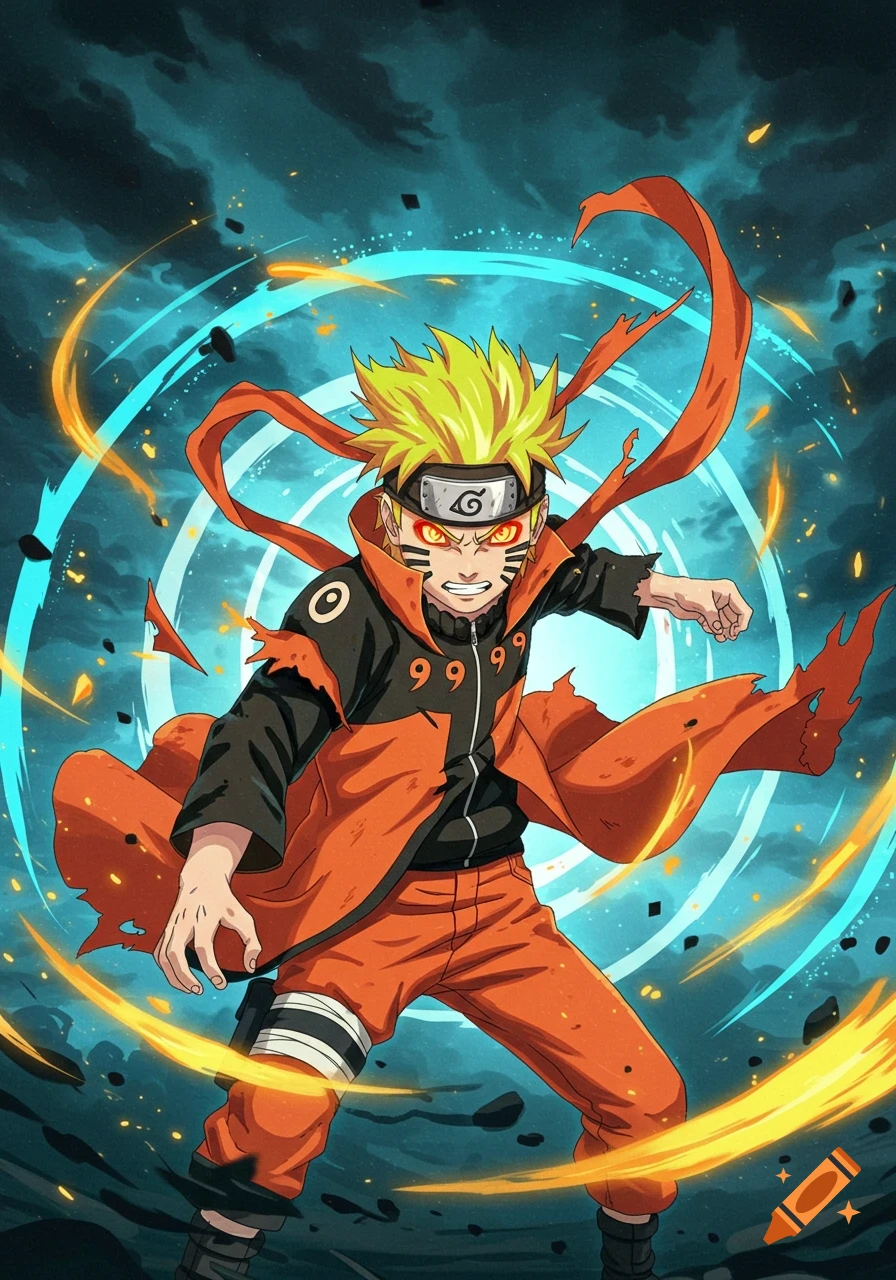 Naruto Uzumaki in his Sage Mode or Nine-Tails Chakra Mode, with glowing red eyes and orange chakra, set against a dark, stormy background with swirling blue energy and fire.