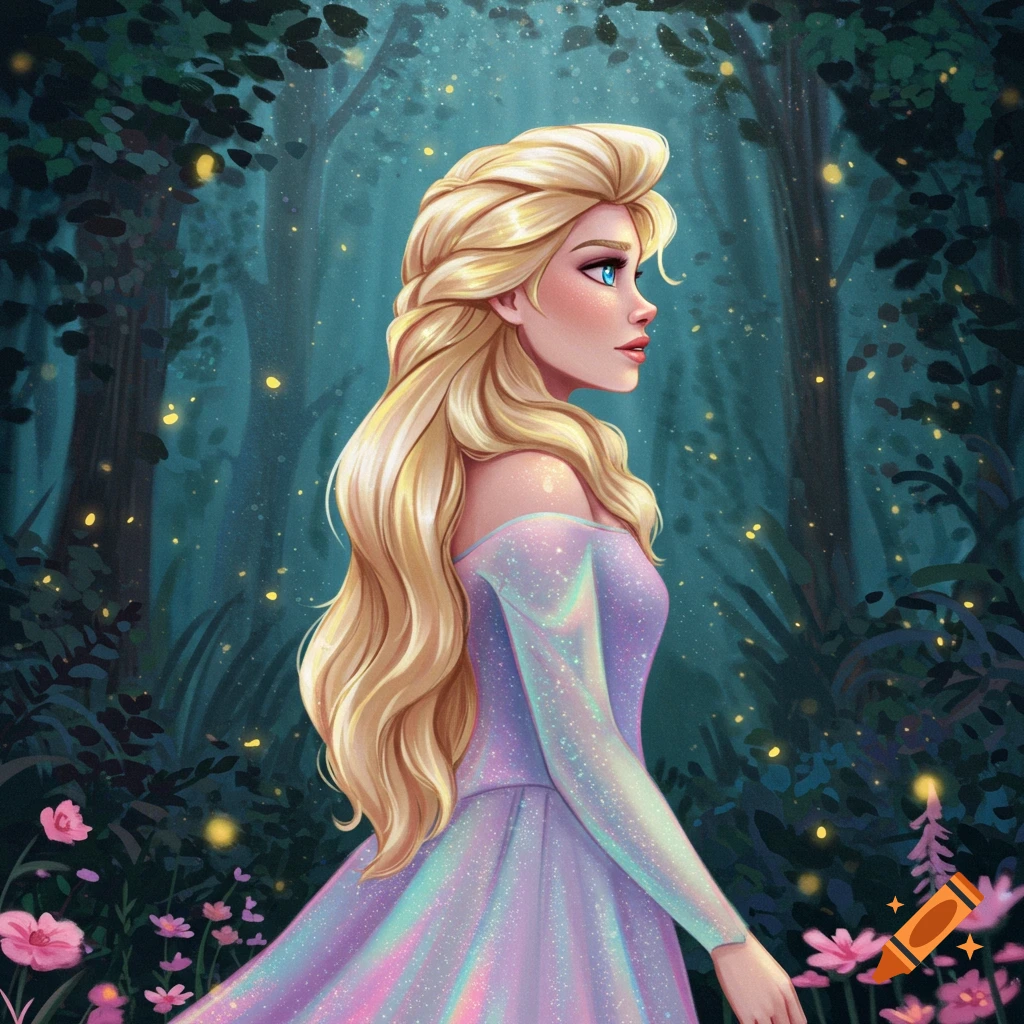 Side profile of a blonde woman resembling Elsa in a sparkling iridescent dress, in a magical forest with glowing lights and pink flowers.