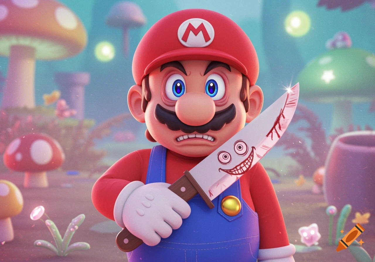 Mario with a menacing expression holds a cartoon knife with a drawn face and blood splatters in a mushroom kingdom setting.