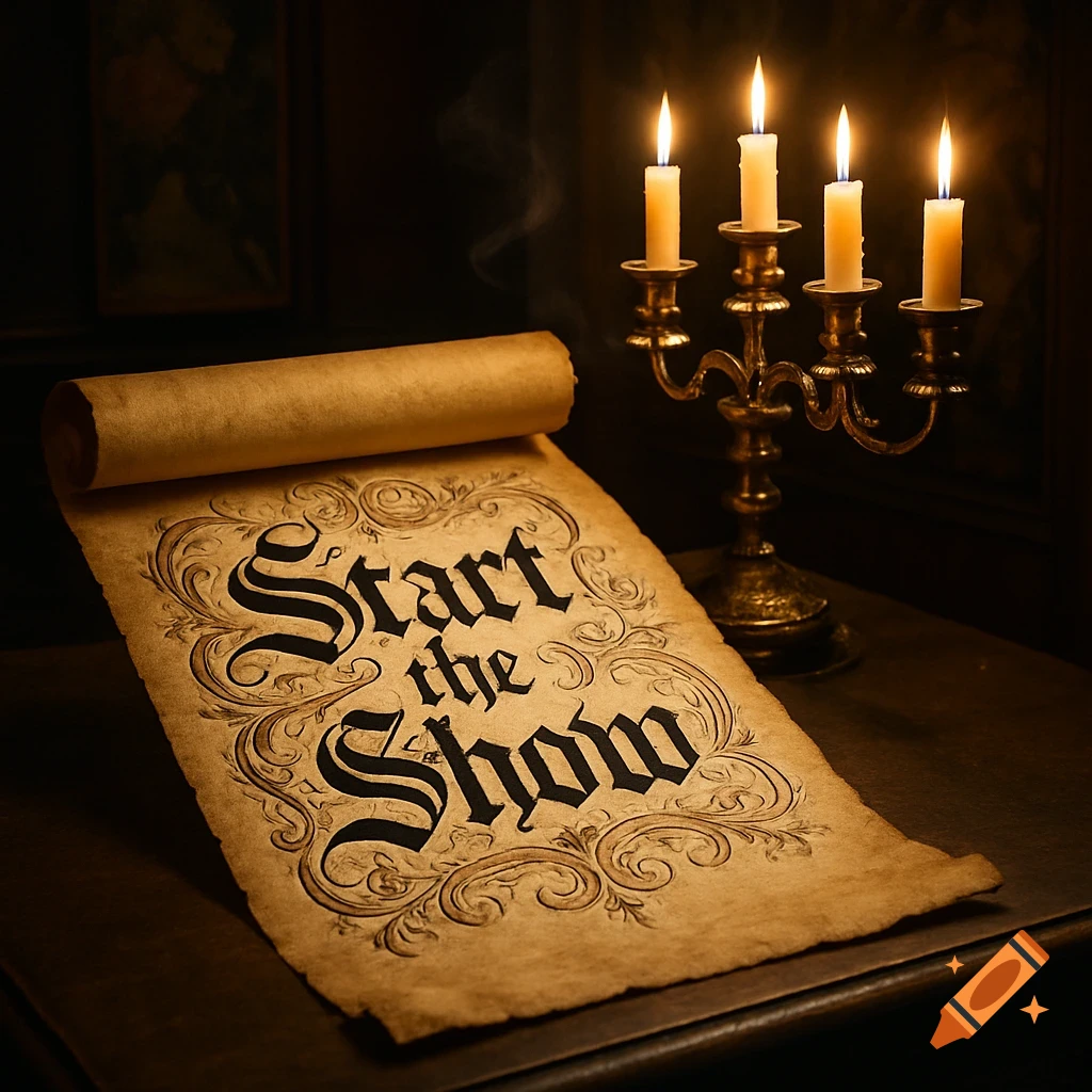 An old parchment scroll with 'Start the Show' in gothic script lies on a dark table, lit by a candelabra.