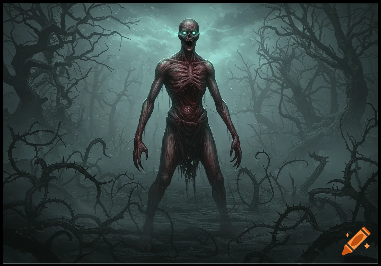A terrifying skeletal monster with glowing eyes stands in a dark, misty, thorny forest.