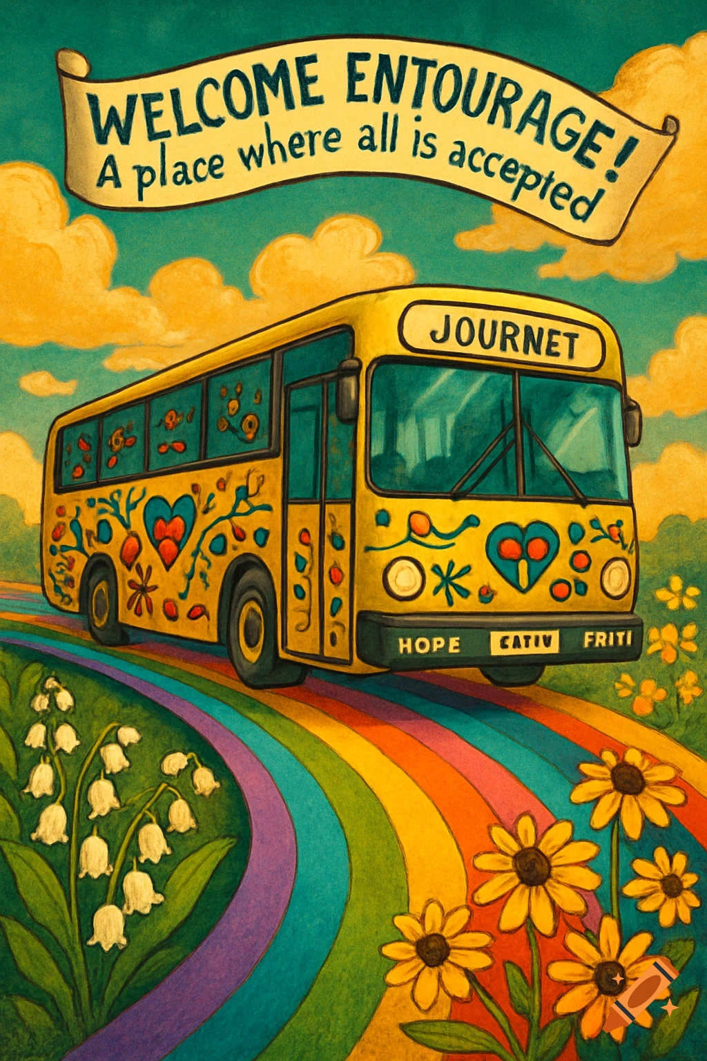 A colorful, illustrative scene features a yellow tour bus with peace-themed decorations driving on a rainbow road. Lily of the valley and black-eyed Susan flowers grow alongside the path. A banner in the sky reads "WELCOME ENTOURAGE! A place where all is accepted."