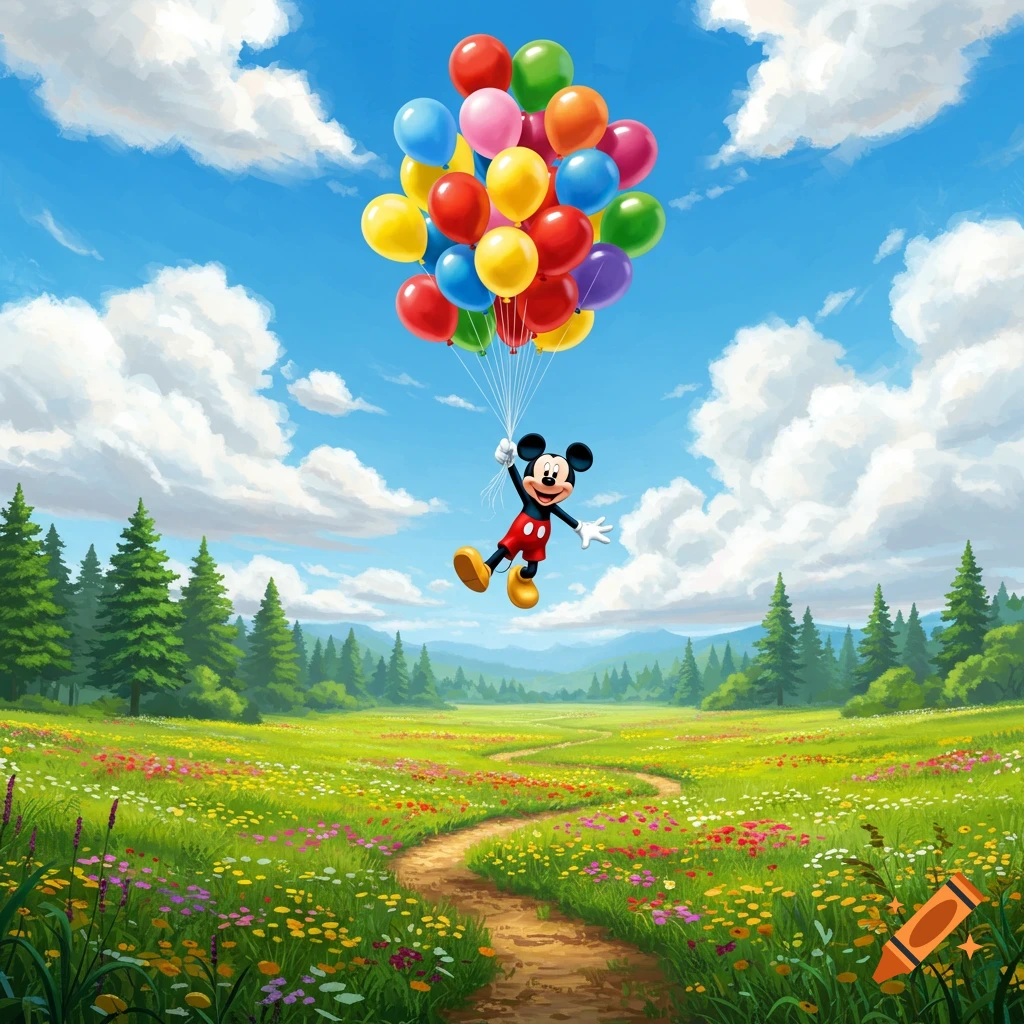 Mickey Mouse floats happily in a bright blue sky, holding a large bunch of colorful balloons, above a vibrant green meadow with a winding path and distant trees.