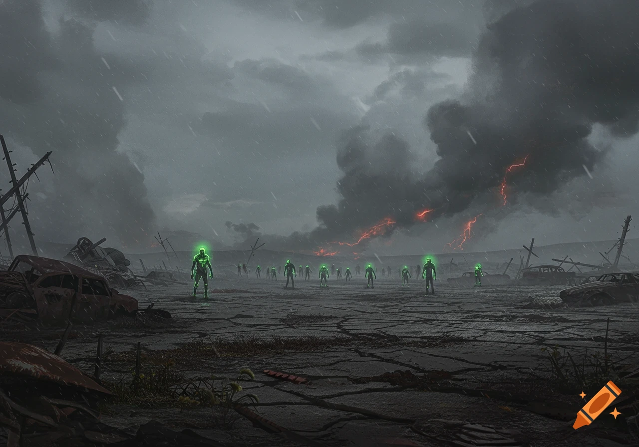 A desolate post-apocalyptic landscape with glowing green zombie-like figures, ruined cars, and a stormy sky with red lightning.