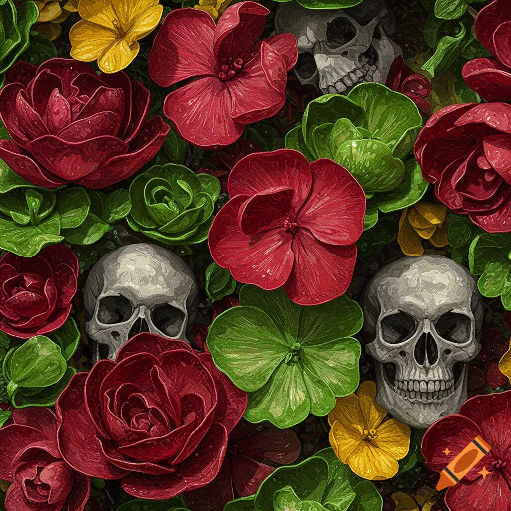 Illustrative pattern of red and yellow flowers, green leaves, and grey skulls.