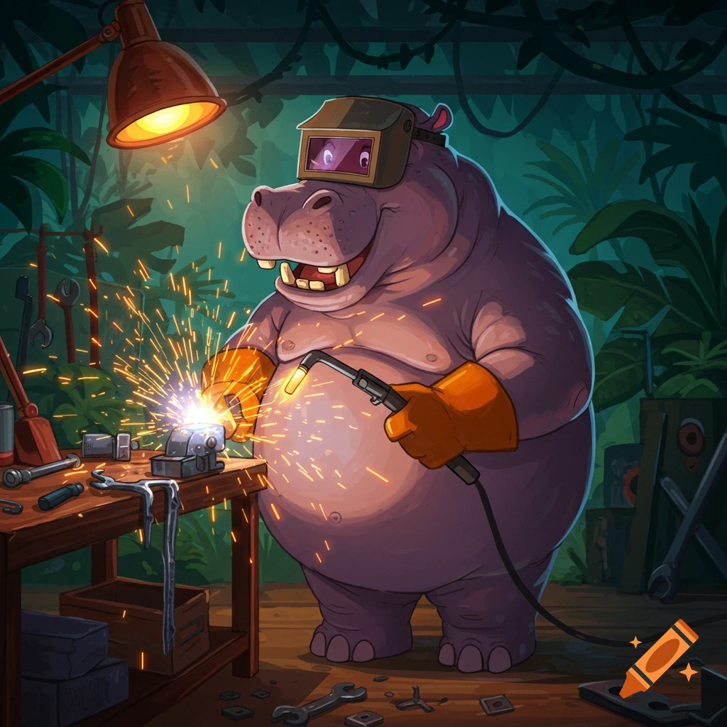 A cartoon hippo wearing a welding mask and gloves welds metal on a workbench in a jungle workshop.