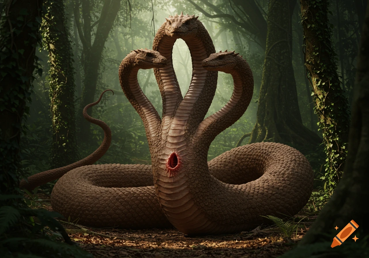 A large, brown, three-headed serpent, resembling a naga, stands coiled in a lush, green jungle with sunlight filtering through the trees. The serpent has an opening on its lower belly.