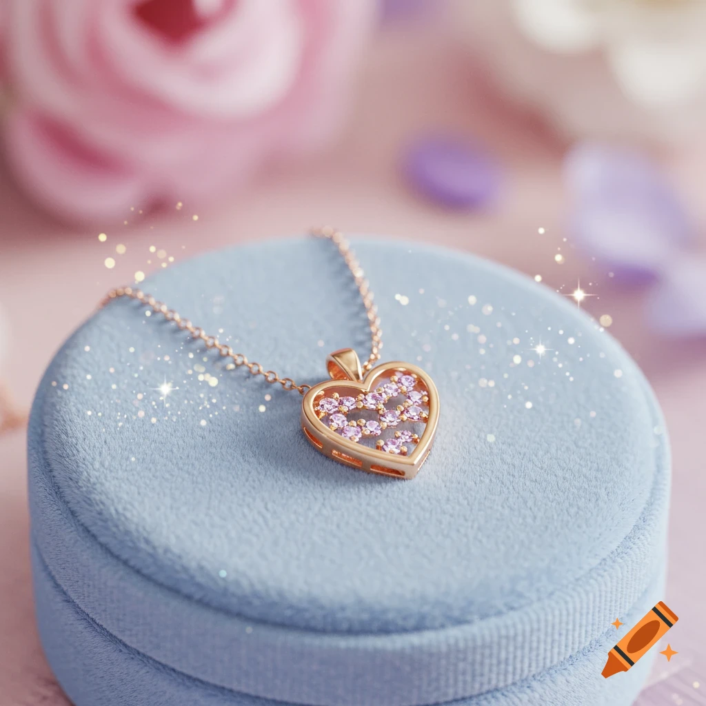 A gold heart-shaped necklace with small purple gems rests on a light blue velvet jewelry box. The background is a soft blur of pink and purple.