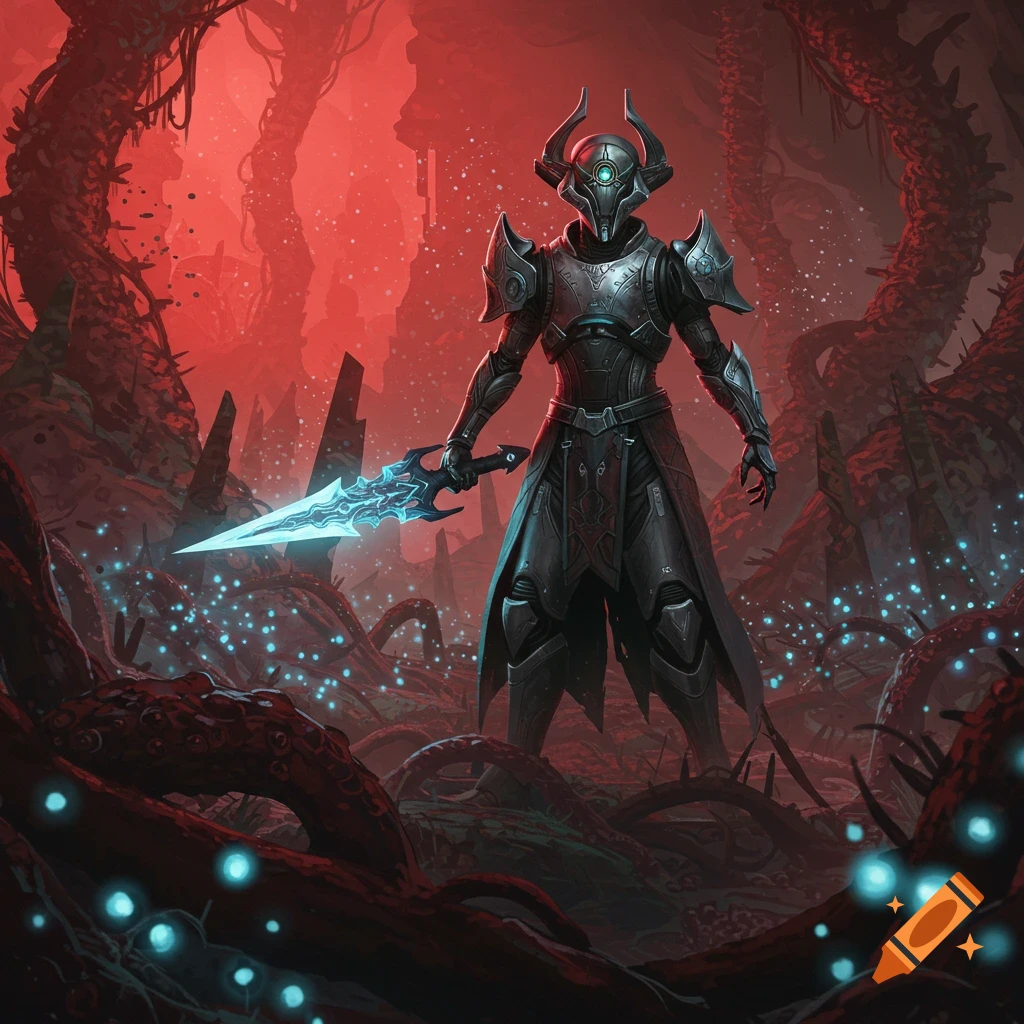 A dark armored warrior with a horned helmet and glowing blue sword stands in a red alien landscape with glowing orbs, digital art.