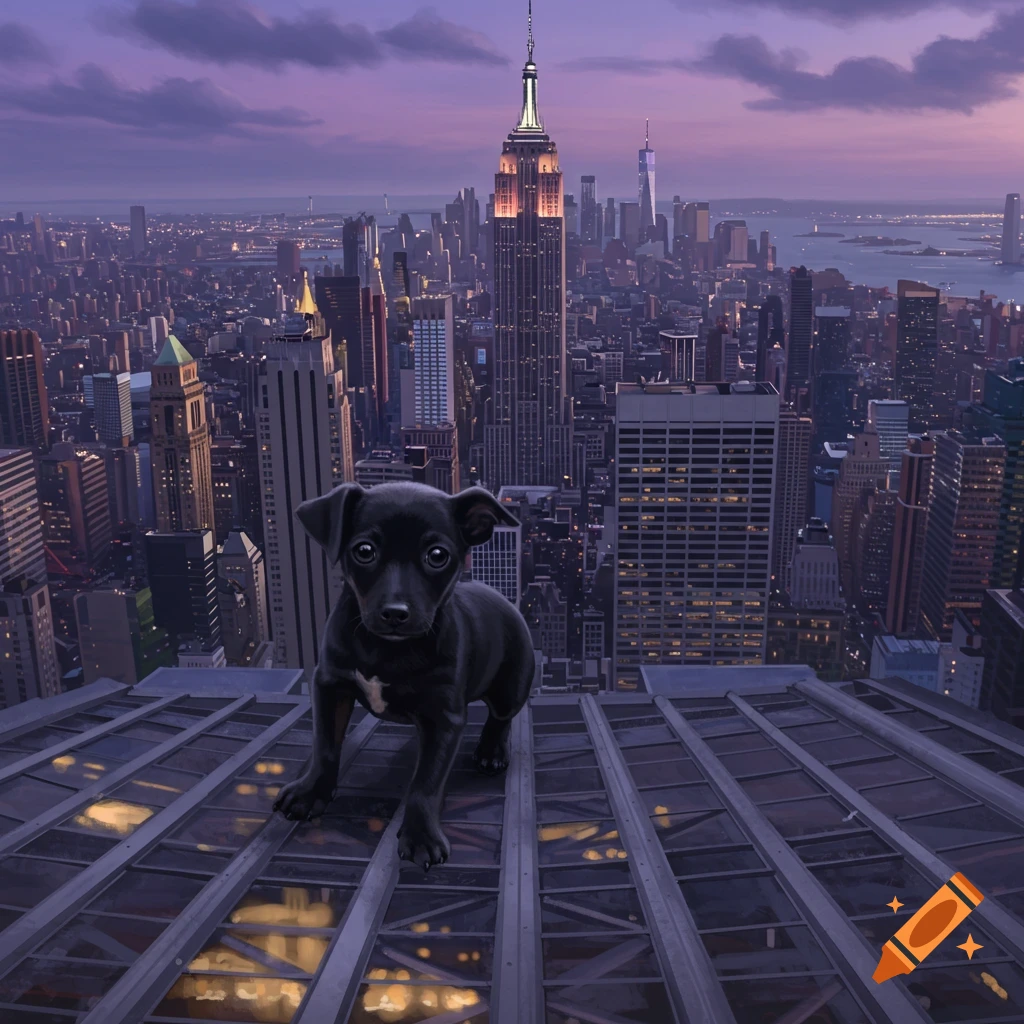 A small black dog stands on a high rooftop overlooking the New York City skyline at dusk, with the Empire State Building prominent.