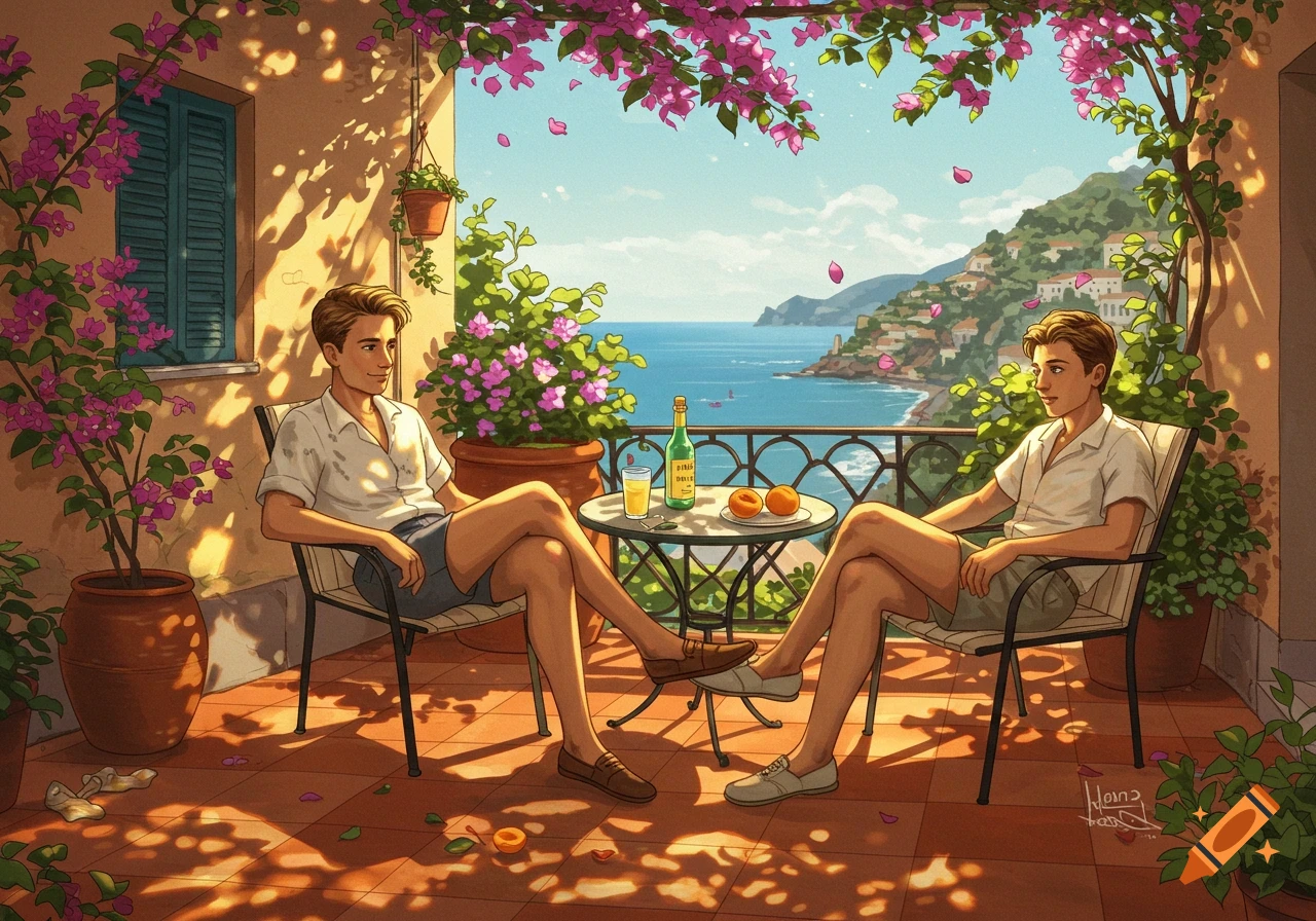 Two men sit on a sunny balcony overlooking a coastal Italian town, with flowering bougainvillea and a table with drinks and fruit, in an illustrated style.