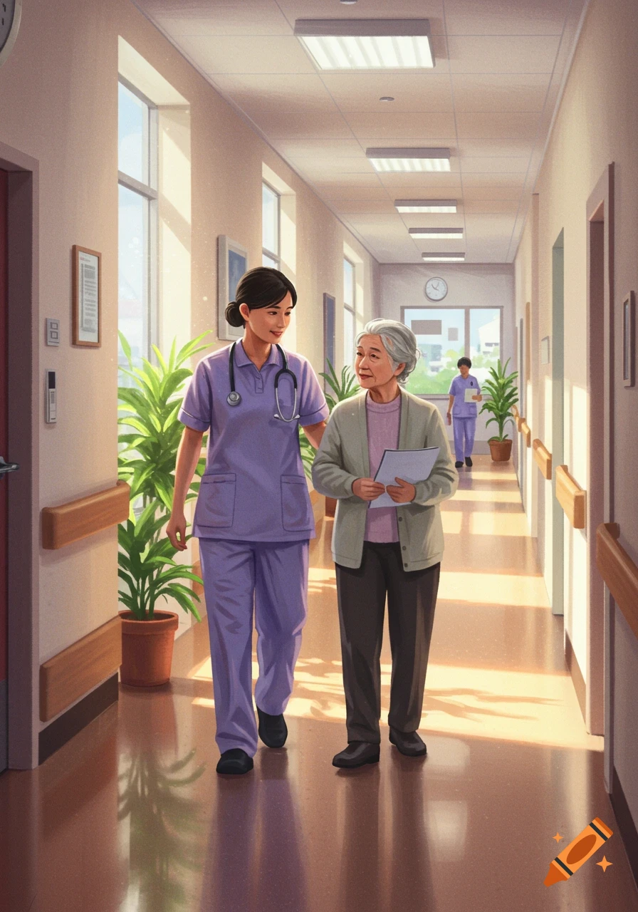 A nurse in purple scrubs walks with an elderly patient holding a document down a sunlit hospital corridor with plants.