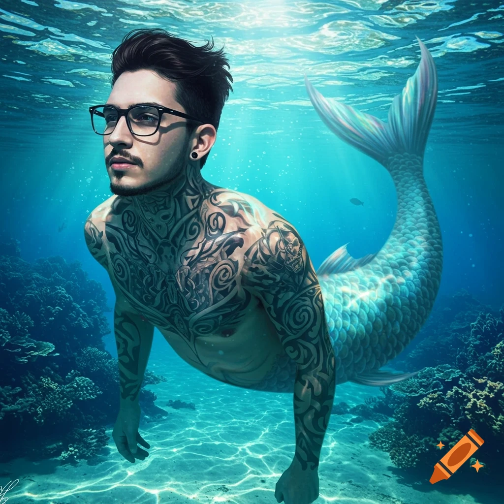 A tattooed merman with dark hair and glasses swims in clear blue underwater with sunlight rays and coral.