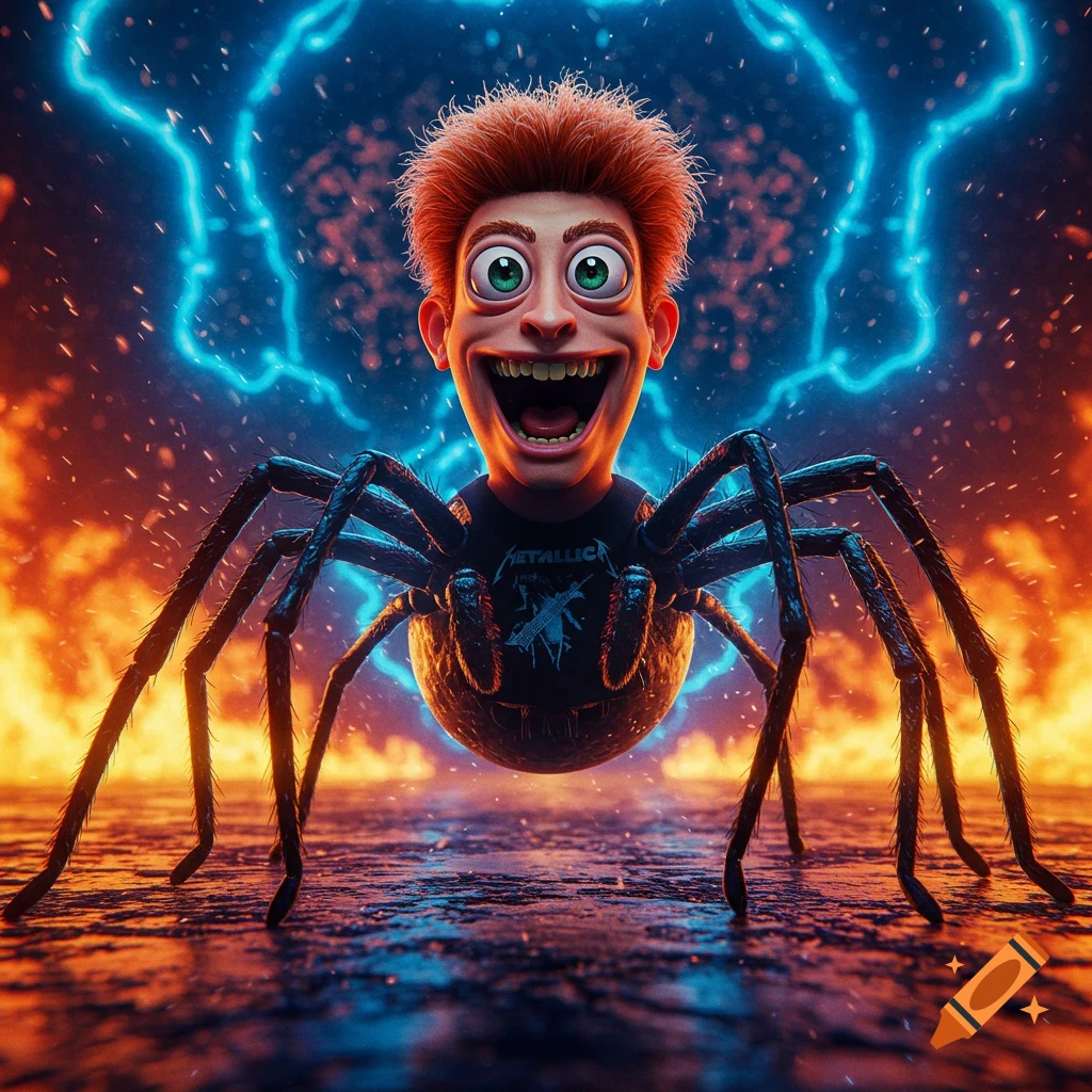 A cartoon Beavis-like character with red hair and a Metallica shirt on a spider body, surrounded by blue lightning and orange fire.