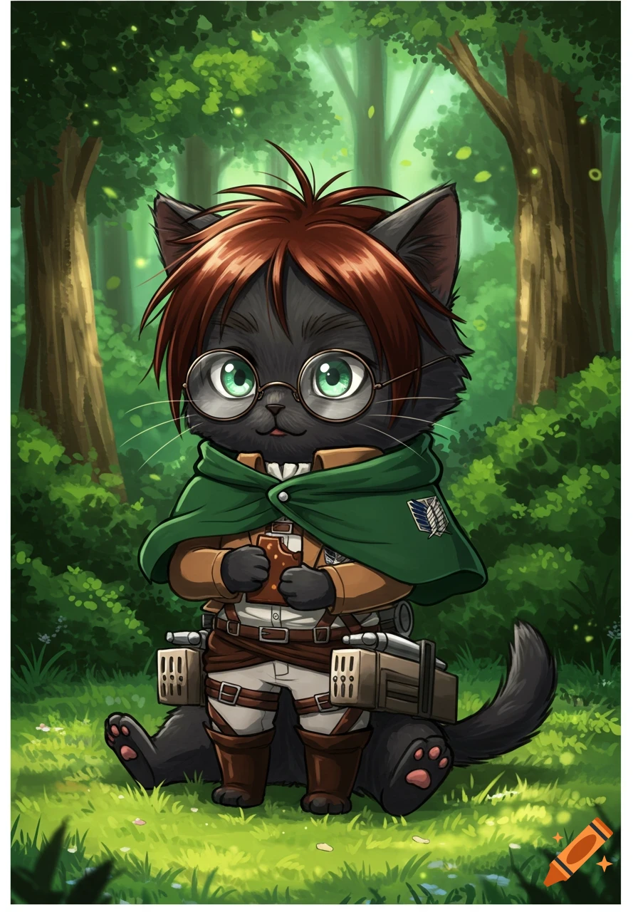 A cute black cat with brown hair and round glasses, dressed in a green Survey Corps cape and uniform, eating chocolate in a forest.