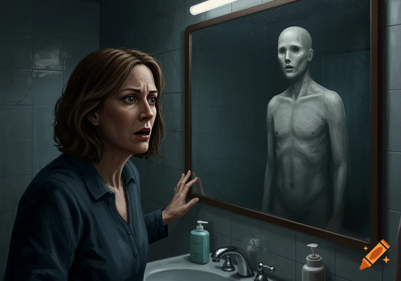 A middle-aged woman with a shocked expression looks into a mirror in a dimly lit bathroom, where a gaunt, bald, faceless man is reflected instead of herself.