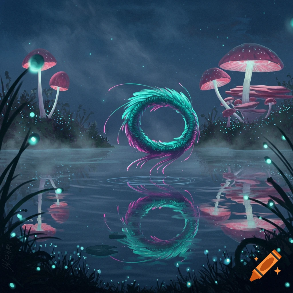 A glowing teal and magenta feathered ring floats above a dark pond with glowing mushrooms and fireflies in a mystical night forest.