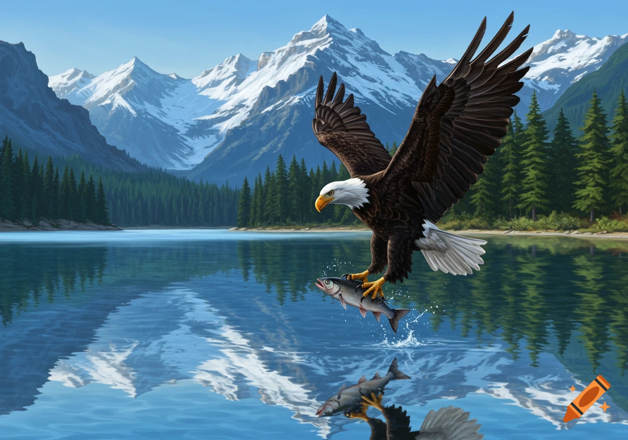 A bald eagle catches a fish from a lake, with snow-capped mountains and pine trees in the background. Illustration.