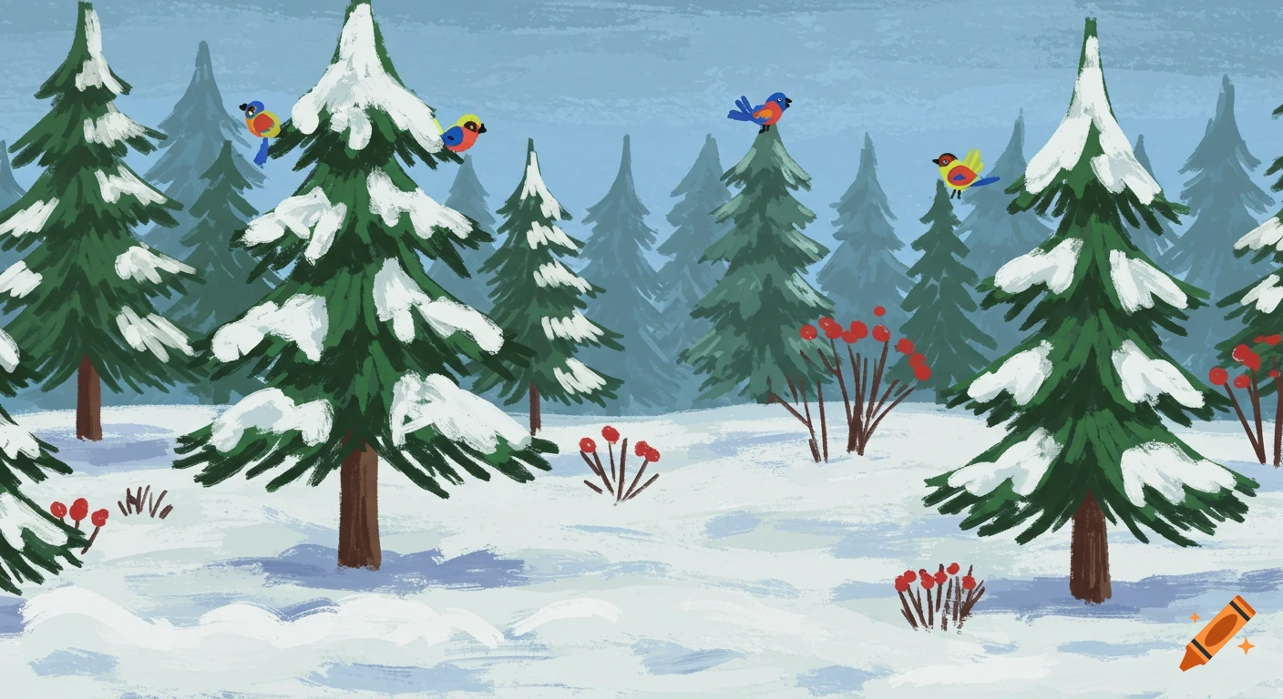 A hand-drawn winter forest scene with snowy evergreen trees, red berries, and colorful birds in a childlike style.
